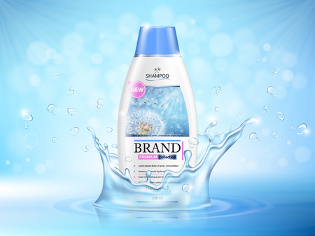 Vector illustration of a realistic shampoo bottle on a blue background with water splashのイラスト素材