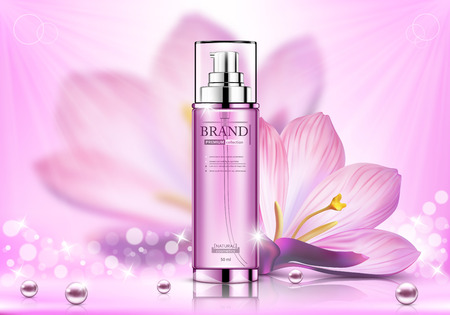 Cosmetic spray ads, pink bottle with flower isolated on bokeh glittering background, vector illustrationのイラスト素材