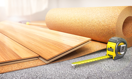 Floor coating. Laminate in the install process on the warming layer. 3d illustrationの写真素材