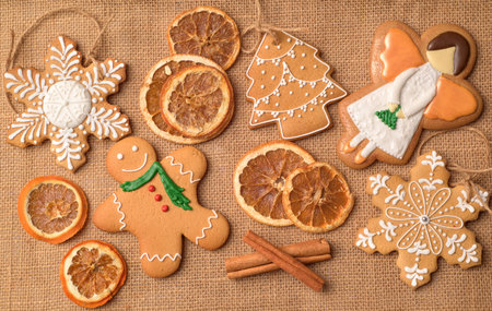 Christmas gingerbread oranges on burlap