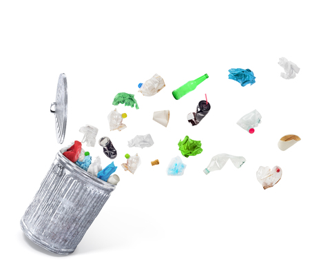 Recycle bin with unsorted trash isolated on a white backgroundの写真素材