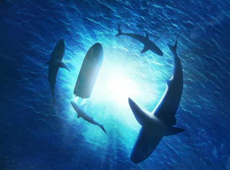 Illustration of sharks forming a circle under a boat in waterの写真素材