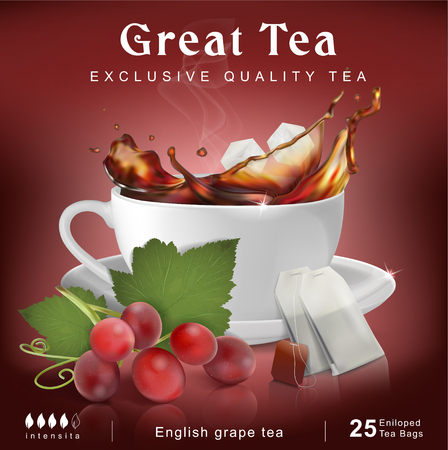 Tea packaging design. A cup with a splash of tea. Bunch of grapes. Vector illustration.のイラスト素材