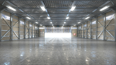 Hangar interior with opened gate. 3d illustrationの写真素材