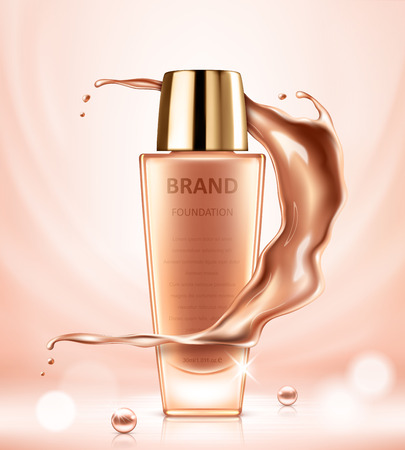 Realistic cosmetic ads template with liquid foundation tube and splashes of tonal fluid. Vector realistic illustrationのイラスト素材