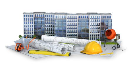 building a house according to the drawings - a construction project. 3d illustrationの写真素材