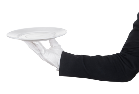 Waiter holding plate on white backgroundの写真素材