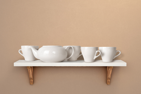 dishes on a wooden shelfの写真素材