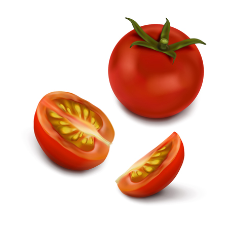 Red cherry tomatoes. Whole tomato, half a tomato, a quarter of a tomato. 3d realistic vector illustration isolated on white background.のイラスト素材