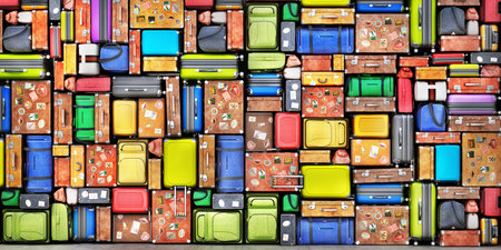 Travel concept. Wall of various styles of suitcases. 3d illustration
