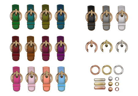 Haberdashery accessories. Set metal round buckles and leather straps with stitches of different colors.のイラスト素材