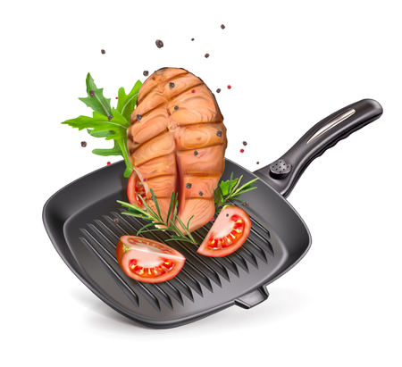 Vector illustration grill pan with salmonのイラスト素材