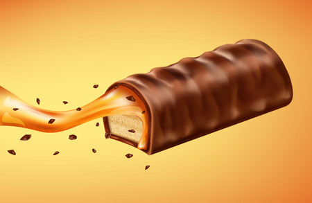 Sweet chocolate bar with caramel fillings. Realistic vector illustrationのイラスト素材