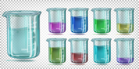 Set glass chemical beaker with colored liquid. Vector images isolated on a transparent background.のイラスト素材