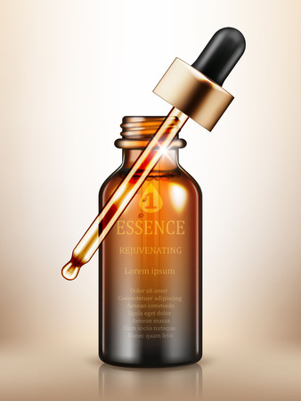 Vector realistic ad poster, promo banner with oil essence in brown glass bottle with a pipette.のイラスト素材