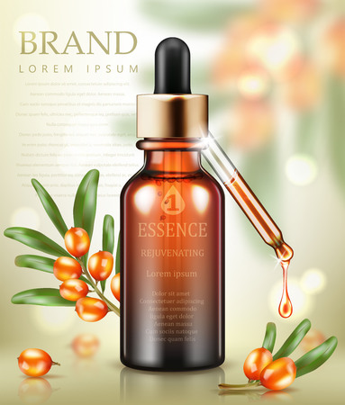 Cosmetic ads template. Essence bottle with sea buckthorn and sea buckthorn oil drop on bokeh background. Vector illustrationのイラスト素材