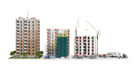 Building. Phased construction of a modern residential complex, isolated on white background. 3D...