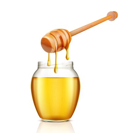 glass jar full of honey and dipper isolated on white background. Vector illustrationのイラスト素材