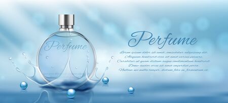 Perfume glass bottle light blue package design on blue background with glittering bokeh elements in vector illustrationのイラスト素材
