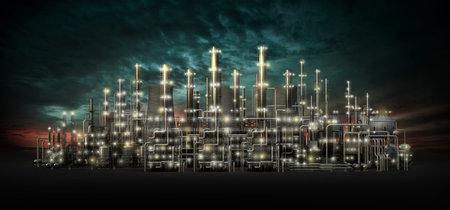 Night scene of an oil refinery. Ecology pollution. 3d illustrationの写真素材