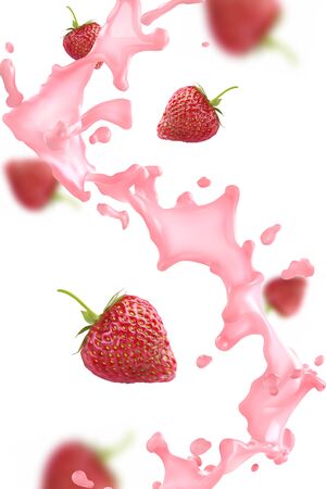 Strawberry splash with berries. Vector realistic illustration on white background.のイラスト素材