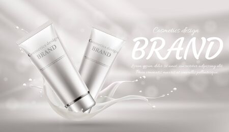 Vector illustration of cosmetic tubes, milk formula. On a gray backgroundのイラスト素材