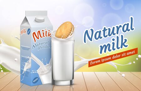 Milk with a glass and falling cookies on bokeh background. Package design. Vector illustration.のイラスト素材