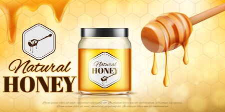 Glass jar full of honey on yellow background. Vector illustrationのイラスト素材