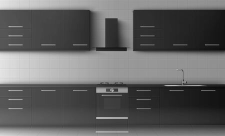 Kitchen and house appliances: gas stove, range cooker hood, kitchen furnitureのイラスト素材
