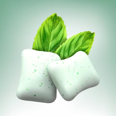 Vector chewing gum and green mint for fresh breath. Realistic vector illustrationのイラスト素材