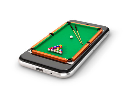 Green pool table with balls and cue. Smartphone. 3d illustration