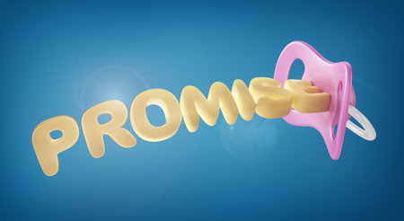 Broken promises concept. Baby nipple with promise word. 3d illustration