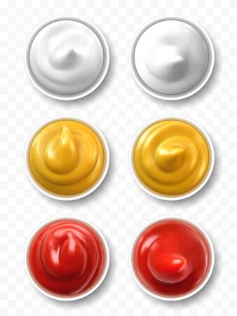 Set of sauces - ketchup, mayonnaise and mustard on transparent background. Top view.のイラスト素材