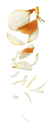 Onion cut and drops isolated on a white backgroundの写真素材