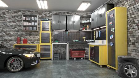 Garage interior with stend of tools. 3d illustrationの写真素材