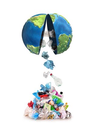 eco concept, earth planet broken and garbage falling on heap isolated, 3d illustrationの写真素材