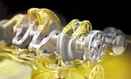 Lubricant concept. Crankshaft in the oil on a black blurred background. 3d illustration