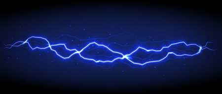 Blue vector lightning on black background. Realistic vector illustrationのイラスト素材
