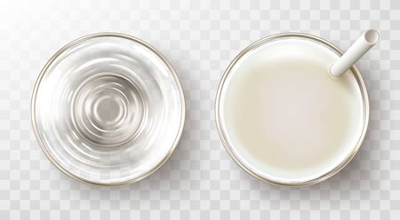 Empty glass and glass of milk with straw isolated on transparent background. Top view vector illustrationのイラスト素材