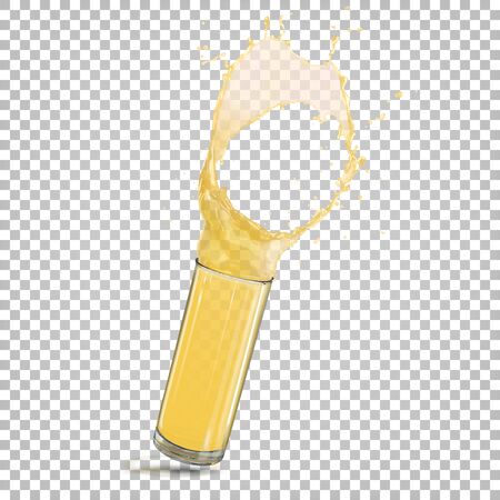 Dynamic high splash of orange juice in a high cylindrical glass. Vector realistic illustration isolated on a transparent background.のイラスト素材