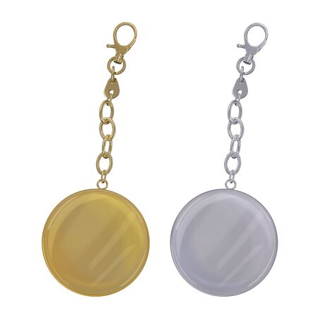 Metal round key chain on chain and carbine. Gold and silver colors. Accessories for bags and jewelry. Vector 3d realistic illustration isolated on white background.のイラスト素材