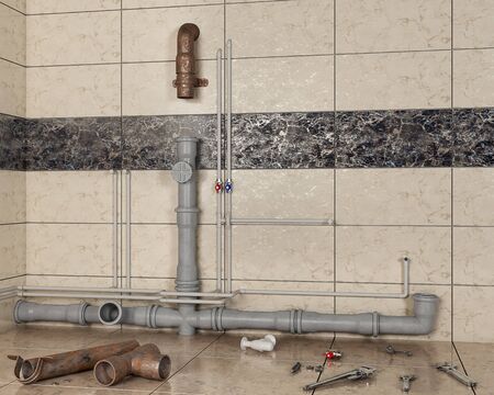 Changing rusty old pipes with new pipes in bathroom interior, 3d illustrationの写真素材