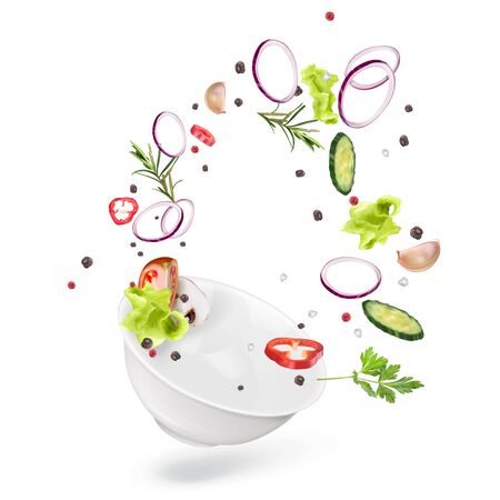 Spices and vegetables fly around a deep white plate.のイラスト素材