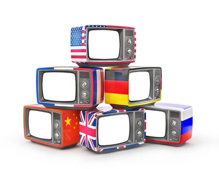 Global propaganda concept. Pile of old TVs in different flags isolated on a white. 3d illustrationの写真素材