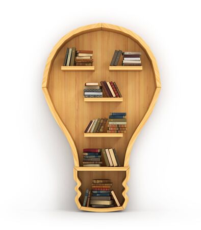 Concept of training. Wooden bookshelf in form of bulb. Idea is based on knowledge. Psychology. A human have more knowledge.の写真素材