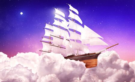 Night sky with clouds, shiny moon and fantastic ship. Dream concept.の写真素材