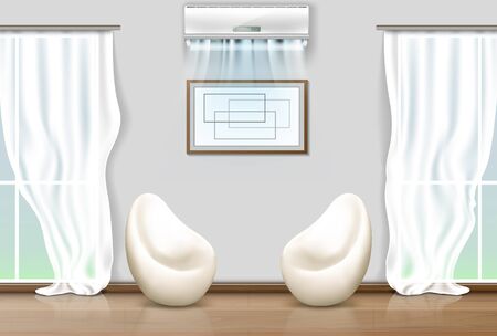 Interior of modern living room with large windows, air conditioning and soft chairs in the center of the roomのイラスト素材