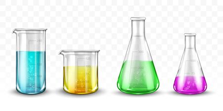 Laboratory glassware with colorful liquids on transparent backgroundのイラスト素材