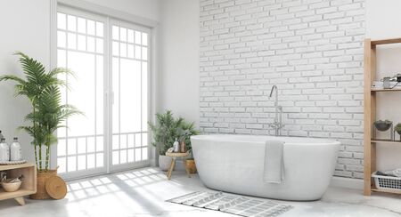 Bathroom at white interior,with many flowers and white brick wall. 3d illustration の写真素材