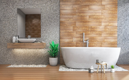 Bathroom with wooden wall,chair, and flowers. 3d illustration 